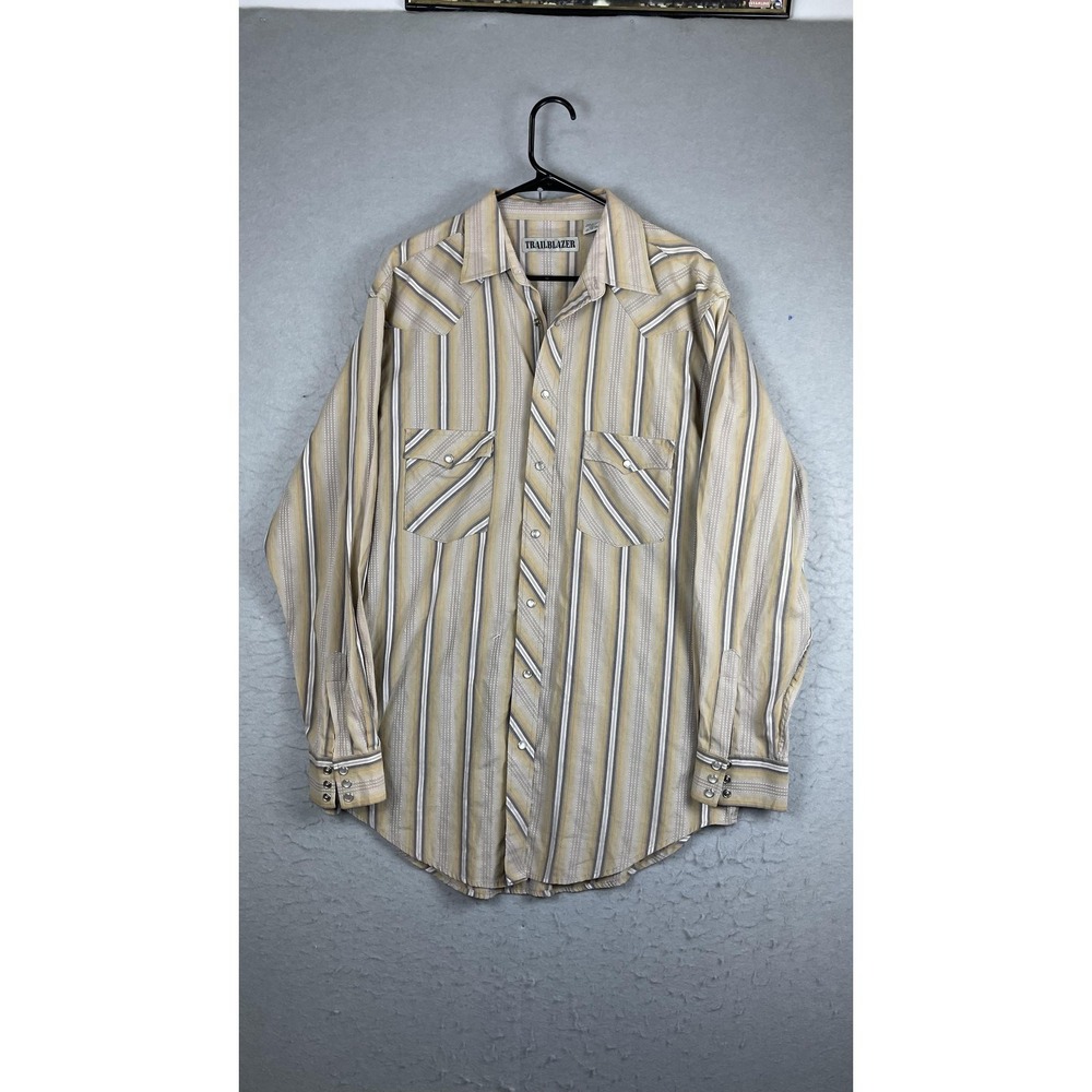 Trailblazer Shirt Mens Big LT Beige Striped Long Sleeve Snap Button Western